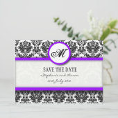 Zwart en Paars Damask Monogram opslaan Datum Save The Date (Staand voorkant)