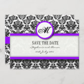Zwart en Paars Damask Monogram opslaan Datum Save The Date (Voorkant / Achterkant)