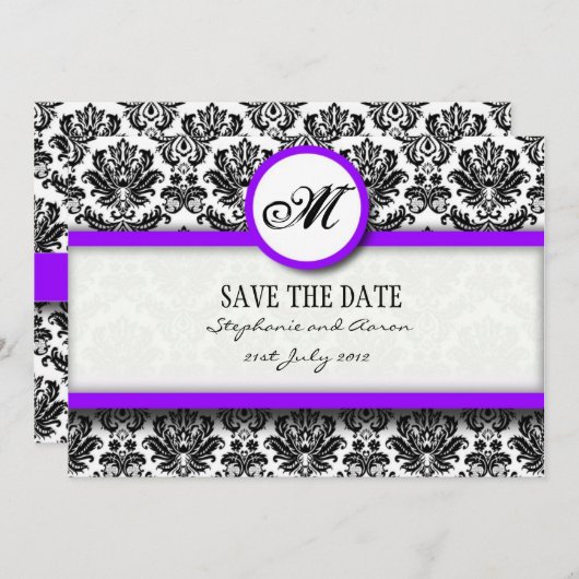 Zwart en Paars Damask Monogram opslaan Datum Save The Date (Voorkant / Achterkant)