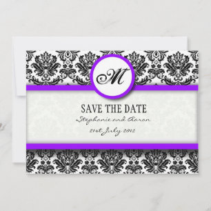 Zwart en Paars Damask Monogram opslaan Datum Save The Date