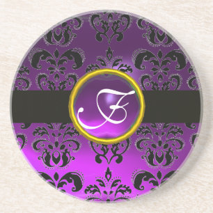 ZWART EN PAARS DAMAST Amethist Monogram Zandsteen Onderzetter