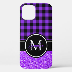 Zwart en paars glinster Buffalo geruit monogram Case-Mate iPhone Case