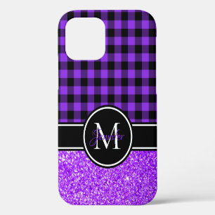 Zwart en paars glinster Buffalo geruit monogram iPhone 12 Hoesje