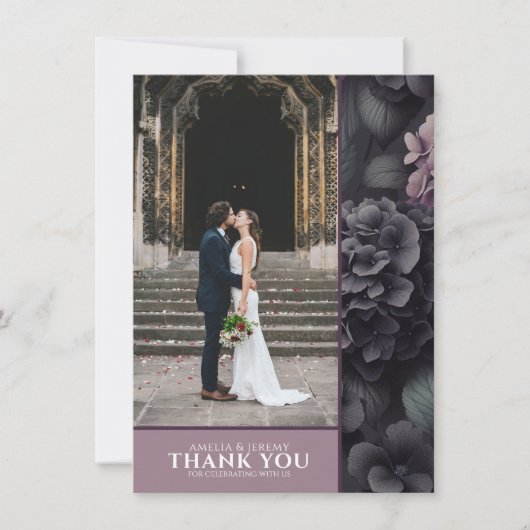 Zwart en paars melancholisch bloemmotief bedankkaart (Voorkant)