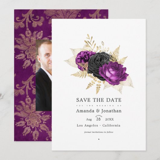 Zwart en paars vintage bloemhuwelijk save the date (Voorkant / Achterkant)