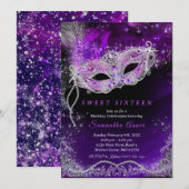 Zwart en Paarse 16e Verjaardag Masquerade Kaart (Voorkant / Achterkant)