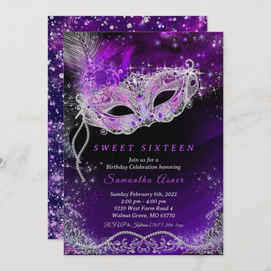 Zwart en Paarse 16e Verjaardag Masquerade Kaart (Voorkant / Achterkant)