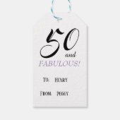 Zwart en Paarse 50 en Fabulous Birthday Cadeaulabel (Achterkant)