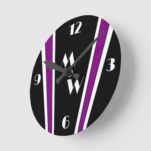 Zwart en Paarse Art Deco Design Monogrammed Ronde Klok (Hoek)