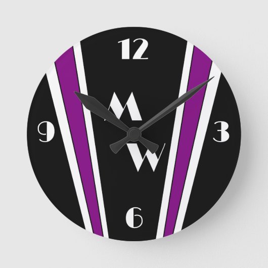 Zwart en Paarse Art Deco Design Monogrammed Ronde Klok (Voorkant)