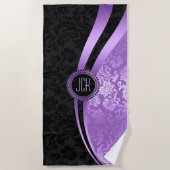 Zwart en Paarse Bloemen Damasks badhanddoek set (Voorkant)