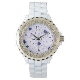 Zwart en Paarse Celestial Sun Moon Stars Horloge