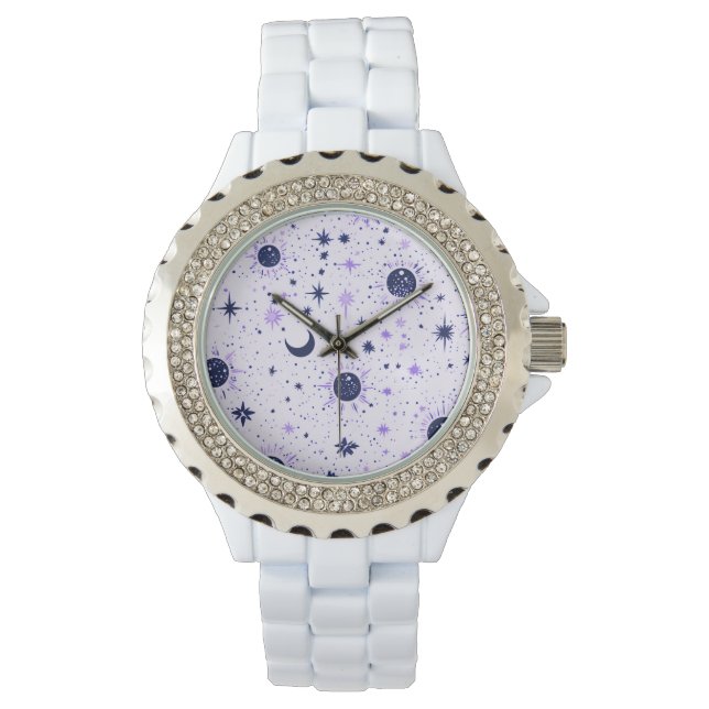 Zwart en Paarse Celestial Sun Moon Stars Horloge (Voorkant)