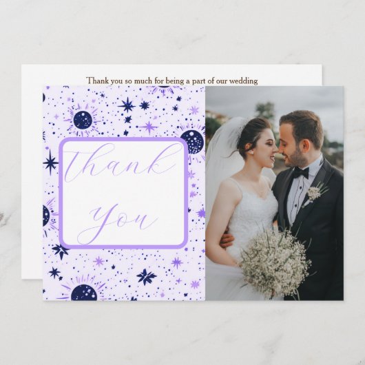 Zwart en Paarse Celestial Zon Maan Sterren Bruilof Bedankkaart (Voorkant / Achterkant)