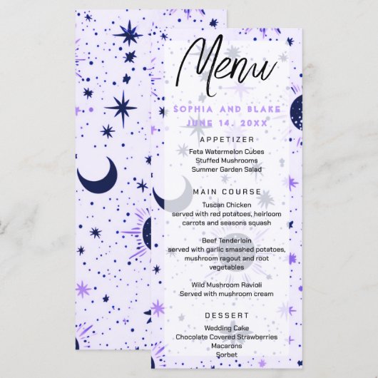 Zwart en Paarse Celestial Zon Maan Sterren Bruilof Menu (Voorkant / Achterkant)