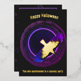 Zwart en Paarse Crow Halloween Folie Feestdagenkaart