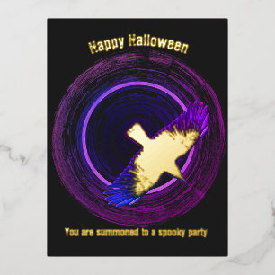 Zwart en Paarse Crow Halloween Folie Uitnodiging Briefkaart