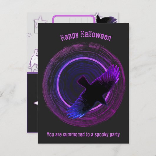 Zwart en Paarse Crow Halloween Uitnodiging Briefkaart (Voorkant / Achterkant)