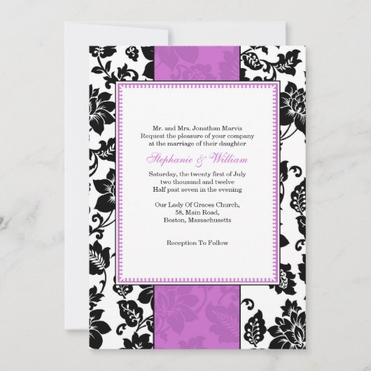 Zwart en Paarse Damask bruiloft uitnodiging (Voorkant)