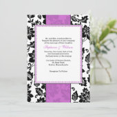 Zwart en Paarse Damask bruiloft uitnodiging (Staand voorkant)