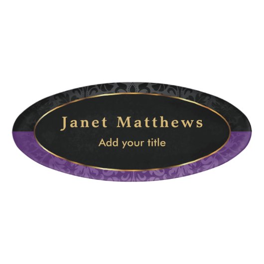 Zwart en Paarse Damask met Gouden Trim Design Naambadge (Voorkant)