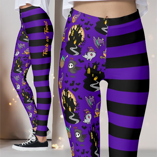 Zwart en Paarse gestreepte heks Halloween kostuum Leggings