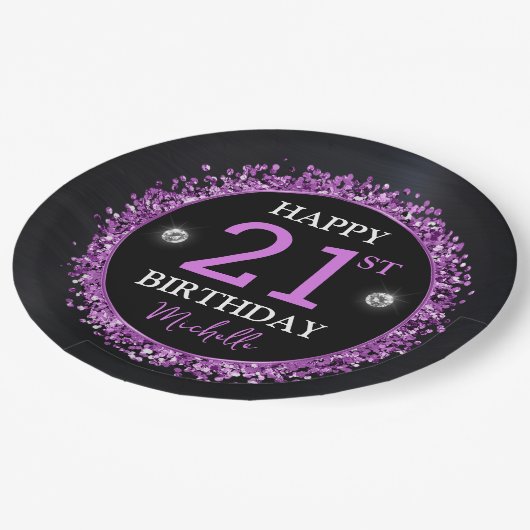 Zwart en Paarse Glitter Confetti Verjaardag Papieren Bordje (Gekanteld)