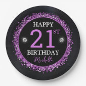Zwart en Paarse Glitter Confetti Verjaardag Papieren Bordje (Voorkant)