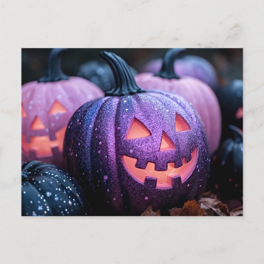 Zwart en Paarse Glitter Halloween Wenskaart Briefkaart (Voorkant)