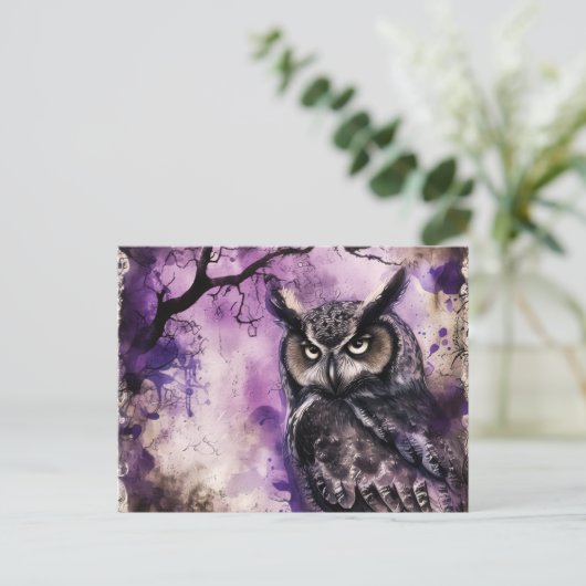 Zwart en Paarse Gotische Uil Halloween Feestdagenkaart (Staand voorkant)