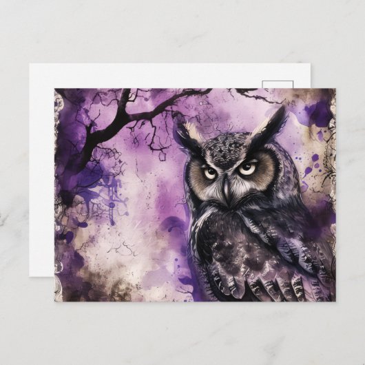 Zwart en Paarse Gotische Uil Halloween Feestdagenkaart (Voorkant / Achterkant)