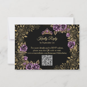 Zwart en Paarse Gouden Tiara Rozen Quinceañera RSVP Kaartje