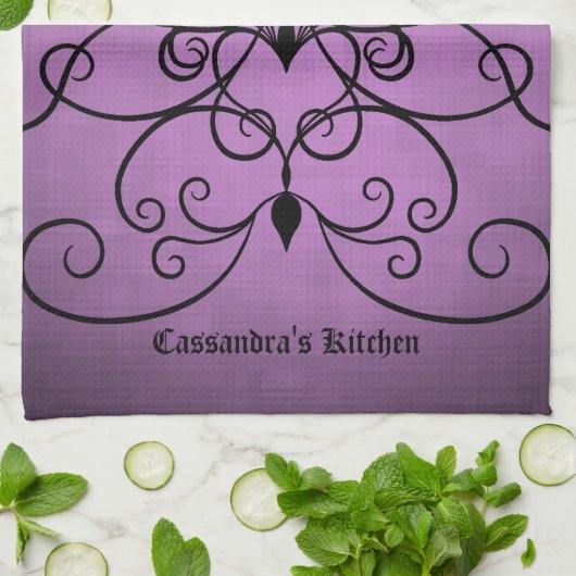 Zwart en paarse harten en wervelingen gepersonalis theedoek (Gevouwen)
