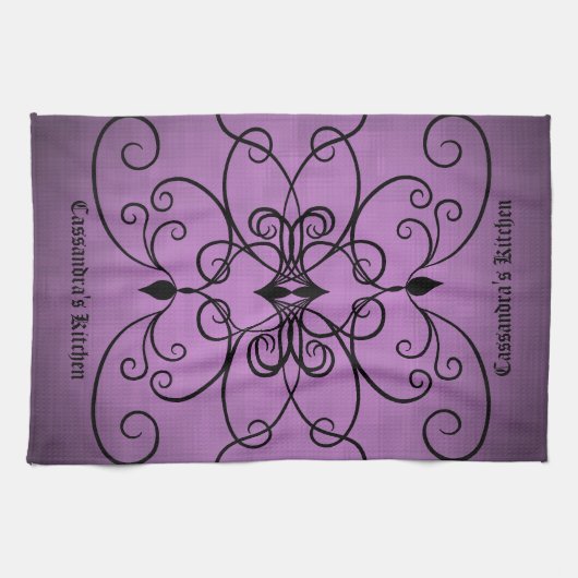Zwart en paarse harten en wervelingen gepersonalis theedoek (Horizontaal)