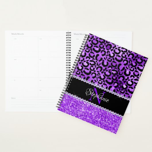 Zwart en paarse luipaardvlek Glam monogram Planner (Display)