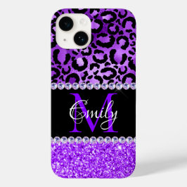 Zwart en paarse luipaardvlekken Glam monogram Case-Mate iPhone 14 Hoesje