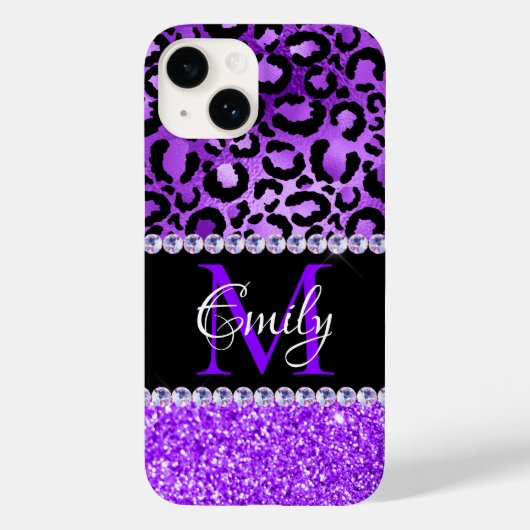 Zwart en paarse luipaardvlekken Glam monogram Case-Mate iPhone Case (Achterkant)