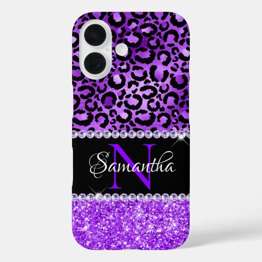 Zwart en paarse luipaardvlekken Glam monogram Case-Mate iPhone Case (Achterkant)