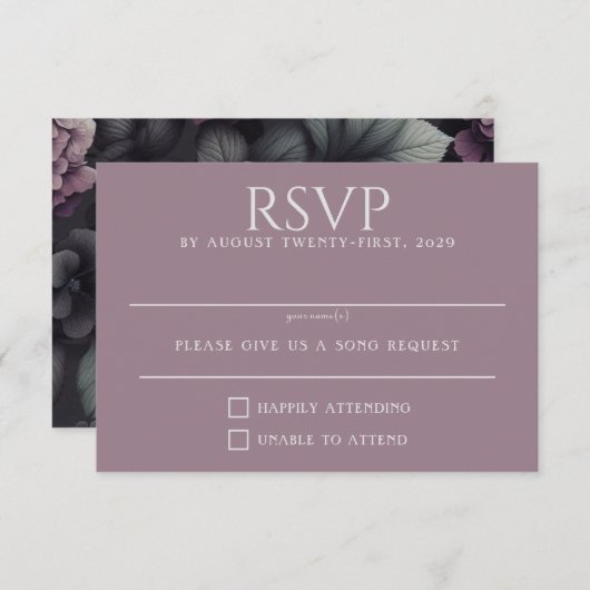 Zwart en Paarse Moody Floral RSVP Kaartje (Voorkant / Achterkant)