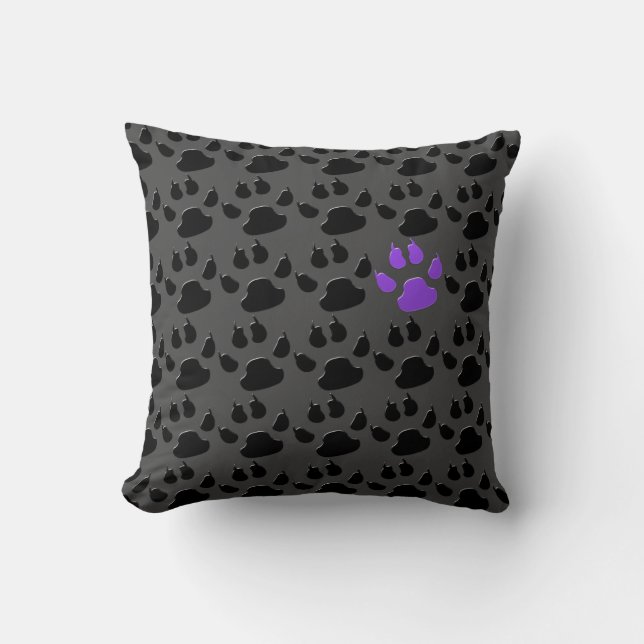 Zwart en Paarse Paw Print Kussen (Voorkant)