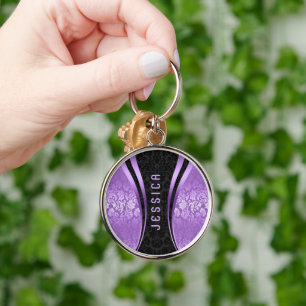 Zwart en Paarse tinten bloemdamast Sleutelhanger