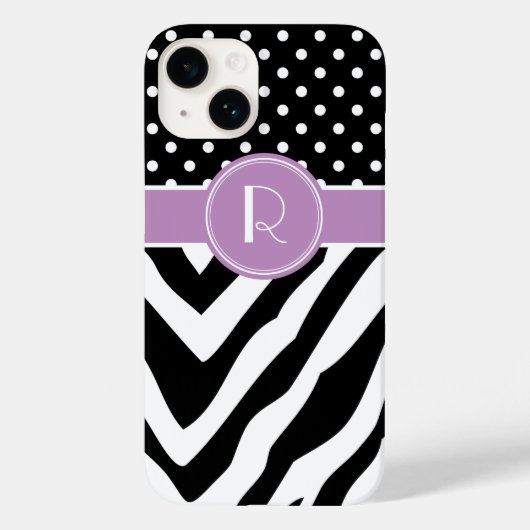 Zwart en Paarse Zebra Polka Dots Monogram Case-Mate iPhone Case (Achterkant)