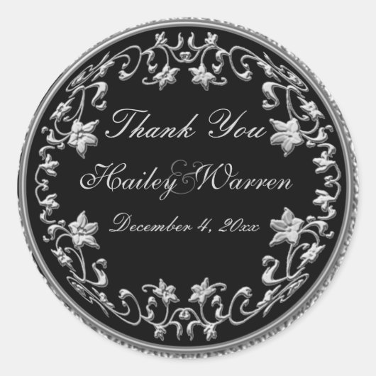 Zwart en Pewter Floral 3" Diameter Ronde Sticker (Voorkant)