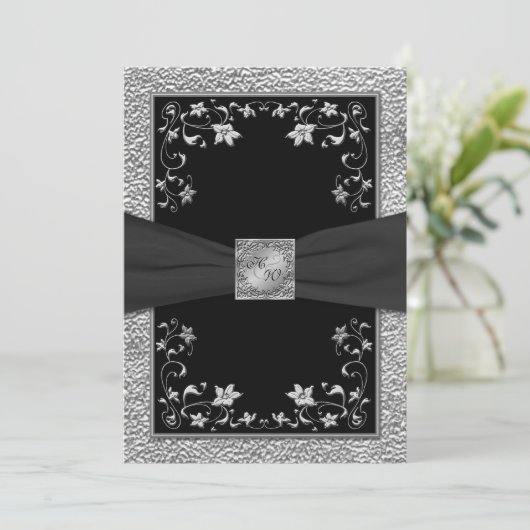 Zwart en Pieter Bloemen Monogrammed Uitnodiging (Staand voorkant)