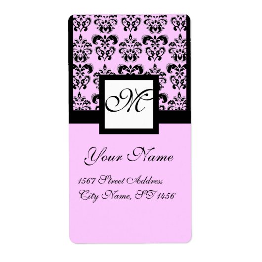 ZWART- EN PINKSQUARE DAMASKMONOGRAM ETIKET (Voorkant)