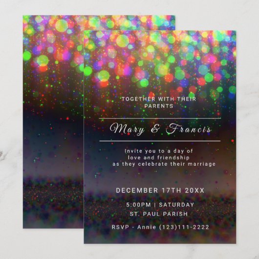 Zwart en regenbooglicht en glitter bruiloft kaart (Voorkant / Achterkant)