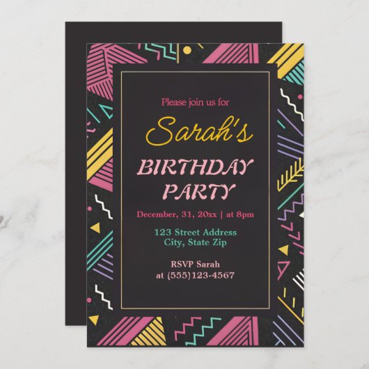 Zwart en Retro Kleurrijk Verjaardagsfeest Kaart (Voorkant / Achterkant)