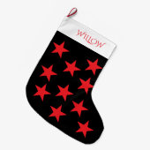Zwart en Rode Ster Patroon Modern Monogram Grote Kerstsok (Voorkant (Hangend))