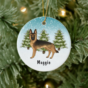 Zwart En Roestbruine Duitse Herdershond Winterbos Keramisch Ornament