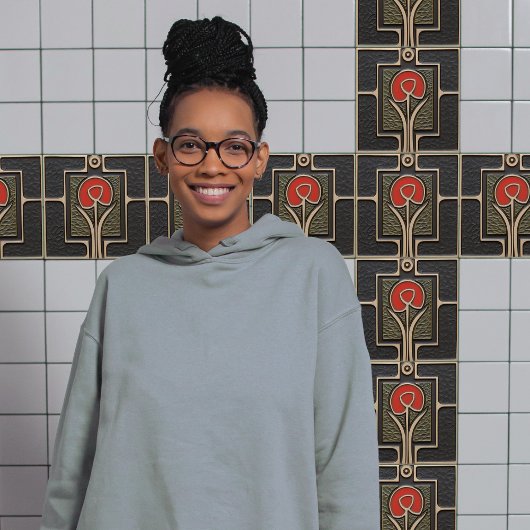 Zwart en Rood Abstract Bloem Mid-Century Tegeltje